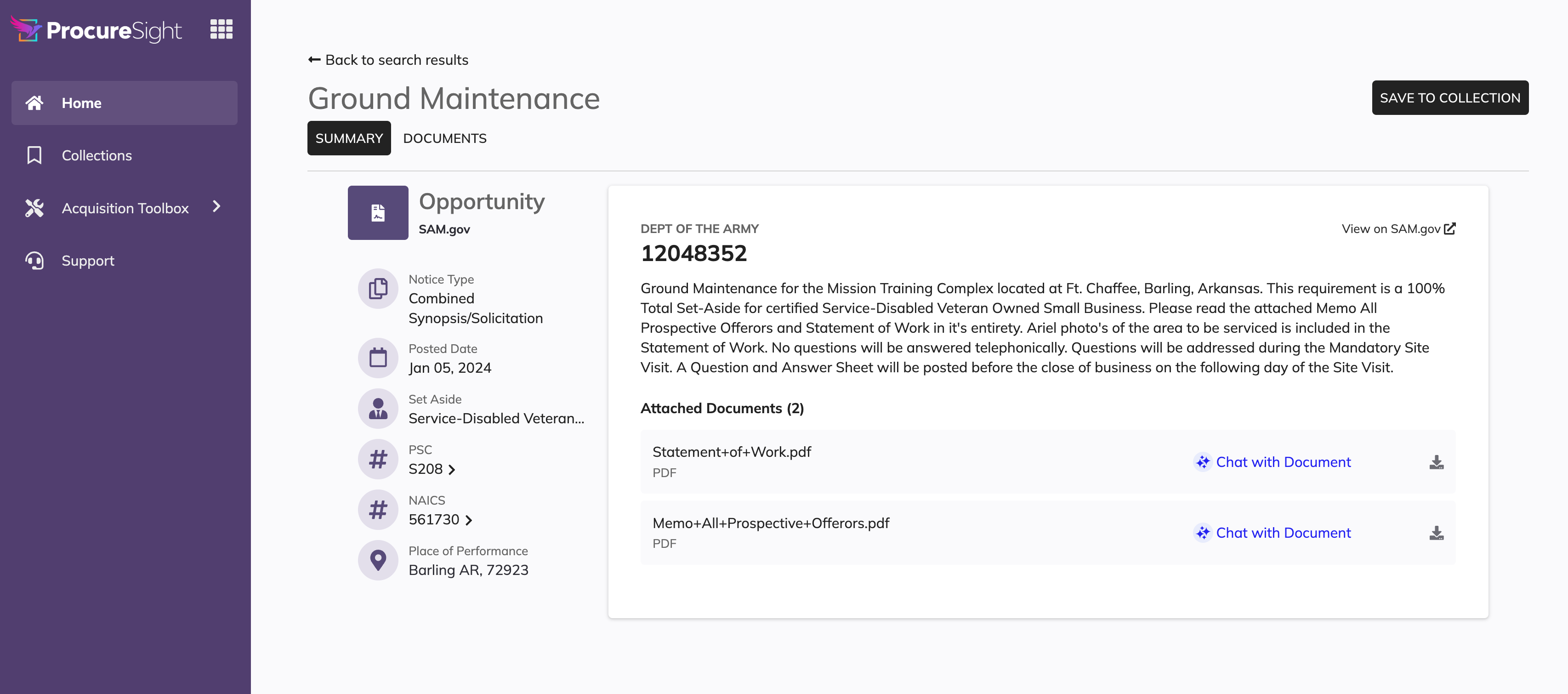 Procurement summary view showing contract details and historical data