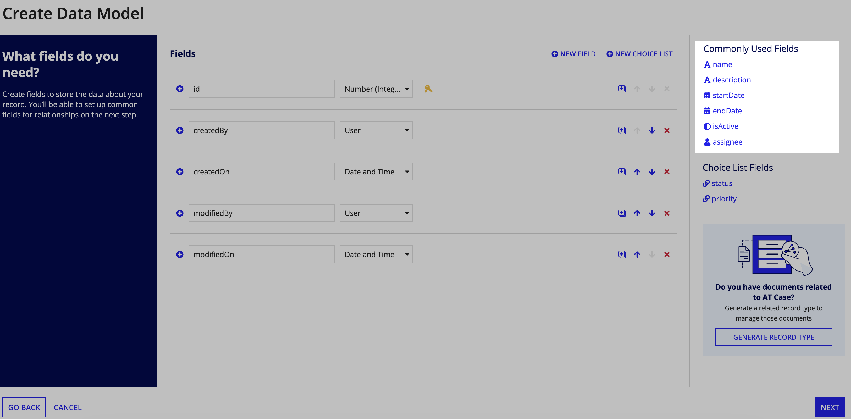 suggested fields highlighted in the Create Data Model dialog