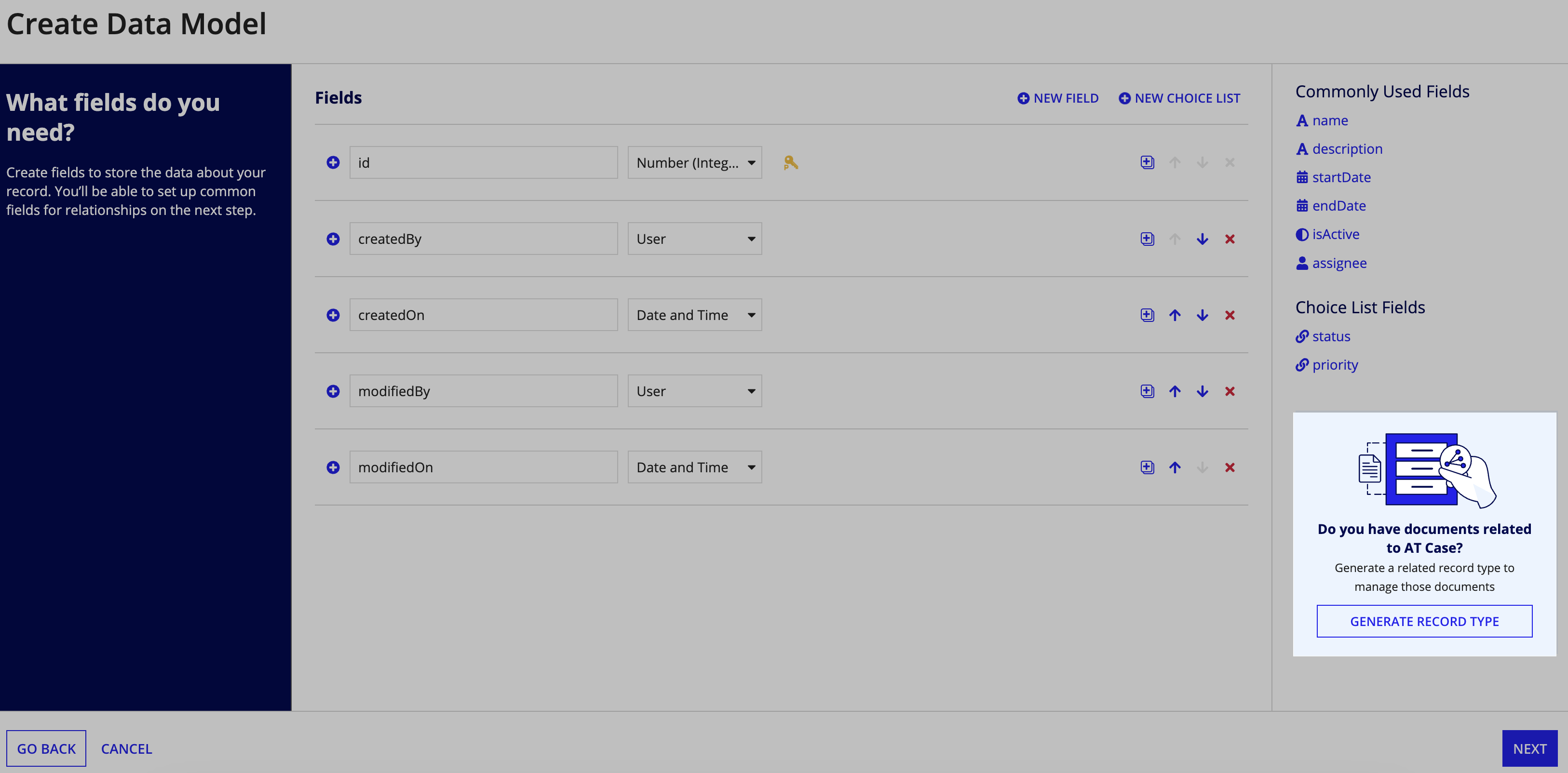 Generate record type highlighted in the Create Data Model dialog