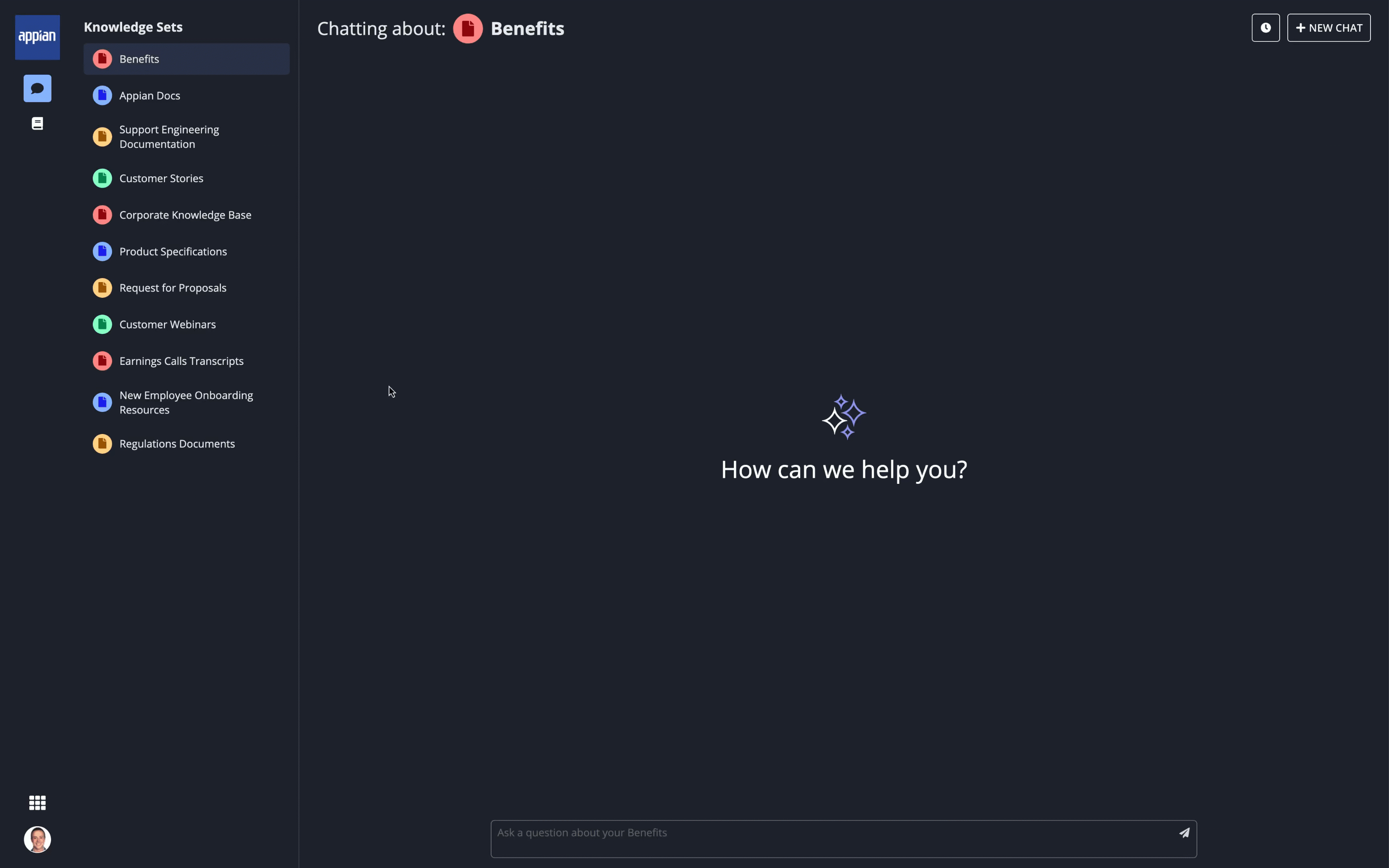 User interacting with Enterprise Copilot by selecting a knowledge set and asking questions.