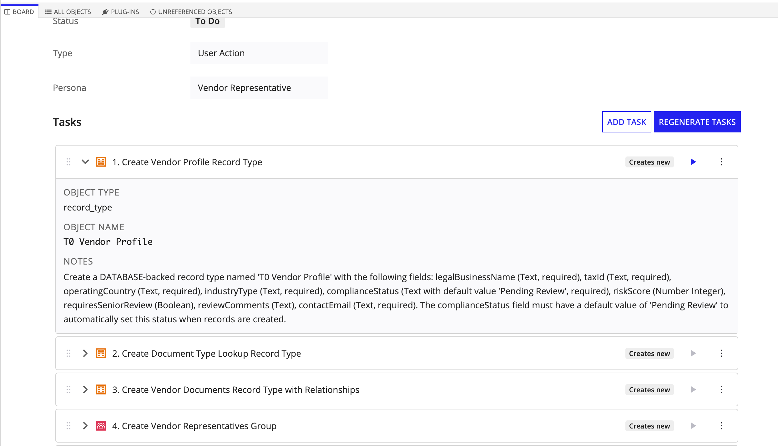 Expanded task showing object type, object name, and implementation notes