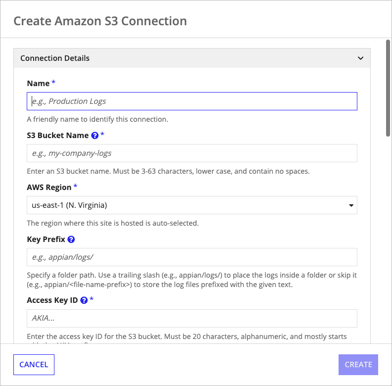 Create Amazon S3 Connection dialog