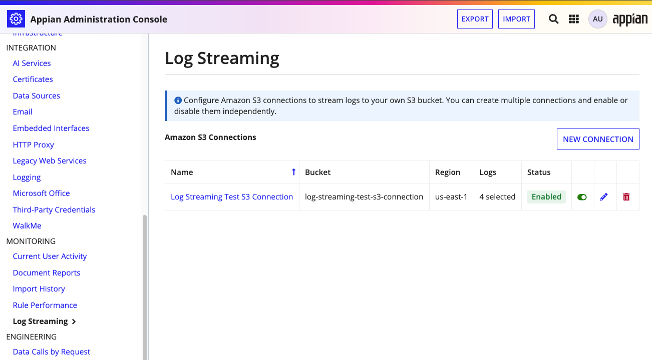 Log Streaming page in the Admin Console