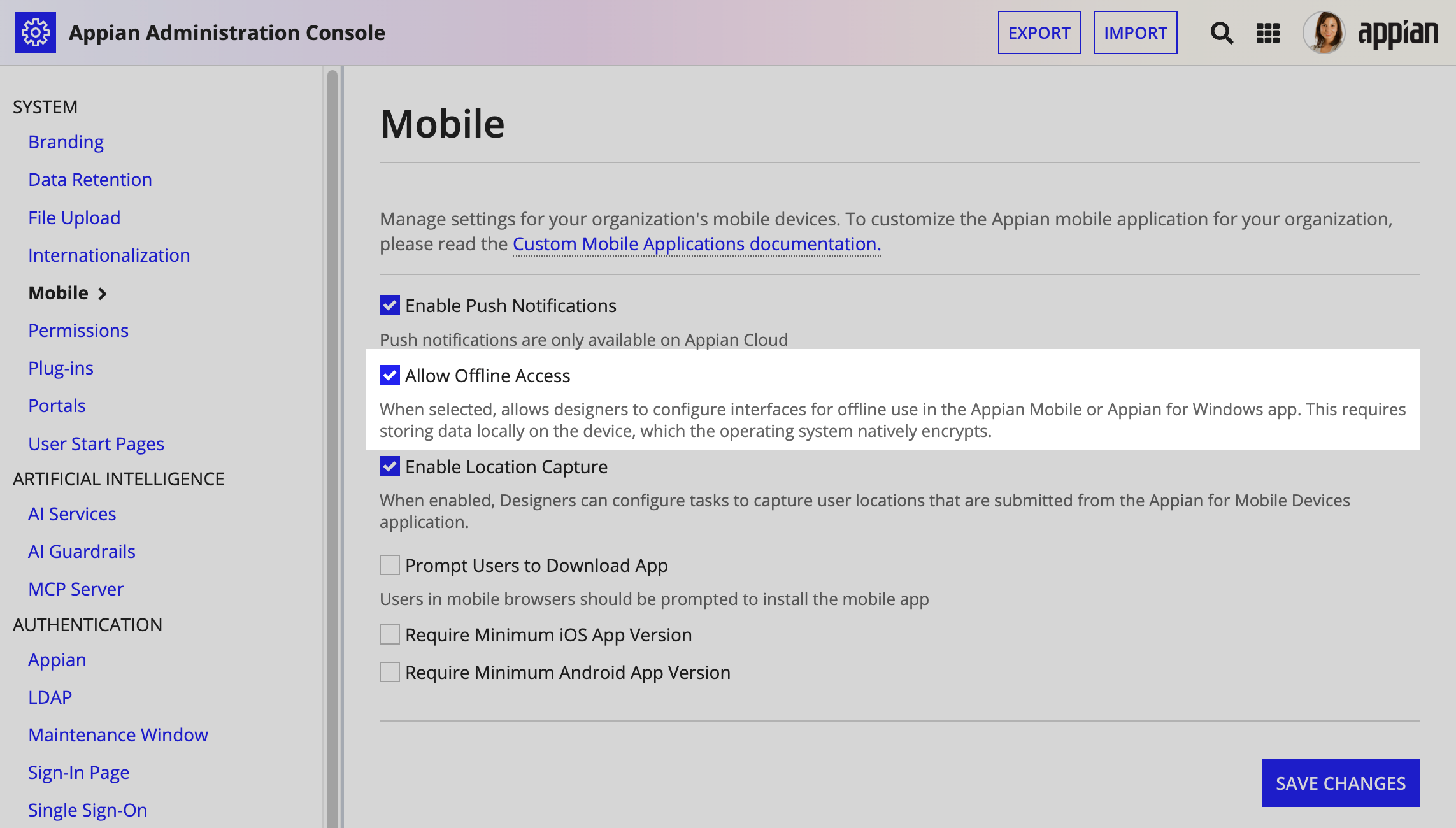 screenshot of the mobile tab in the Admin Console
