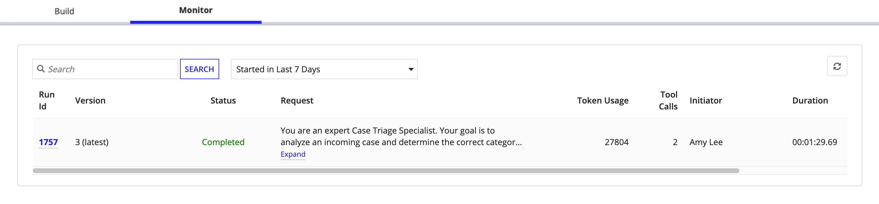 The monitoring tab for a specific AI agent