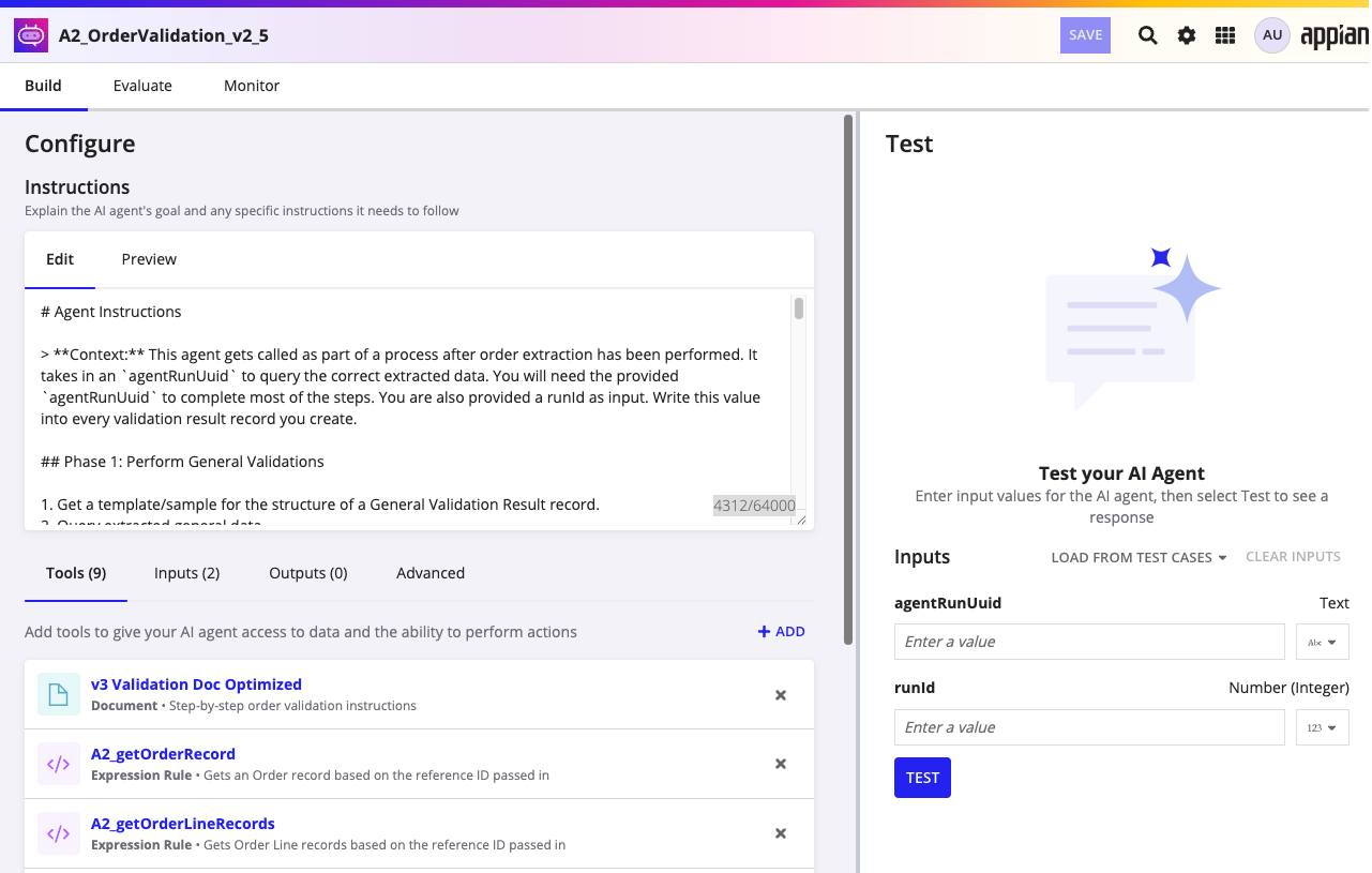 The Build tab showing the Configure panel on the left with Instructions, Tools, Inputs, and Outputs, and the Test panel on the right.