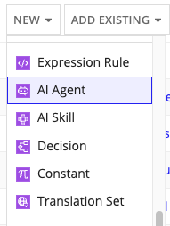 The New menu in the Build view with AI Agent highlighted.