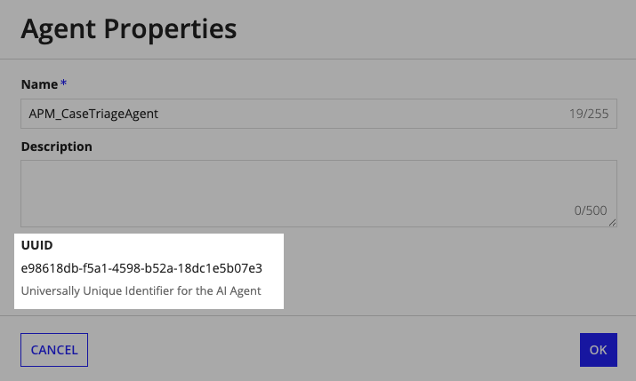 The AI agent object card showing the AI agent's ID.