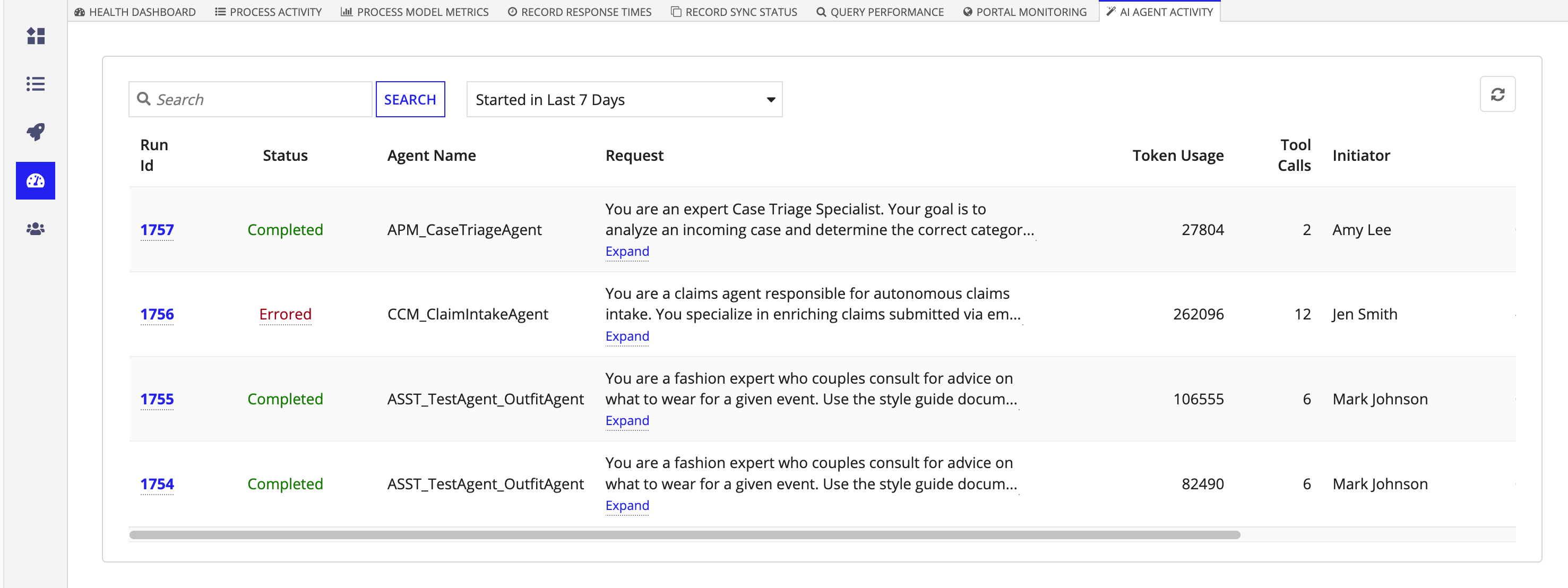 The main monitoring view showing a log of all AI agent requests.