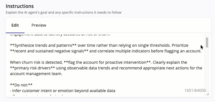 Animation showing the Preview tab switching between raw syntax and rendered Markdown views in the Instructions field.