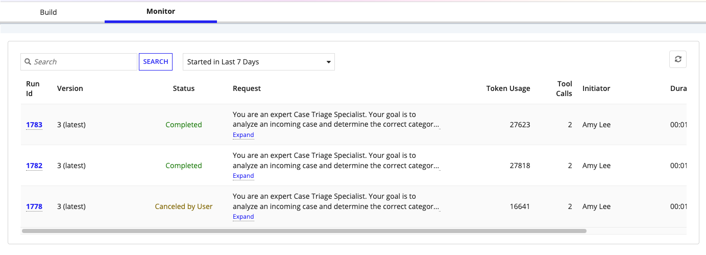 The Monitor tab displaying a table of AI agent runs with status, metrics, and performance data.