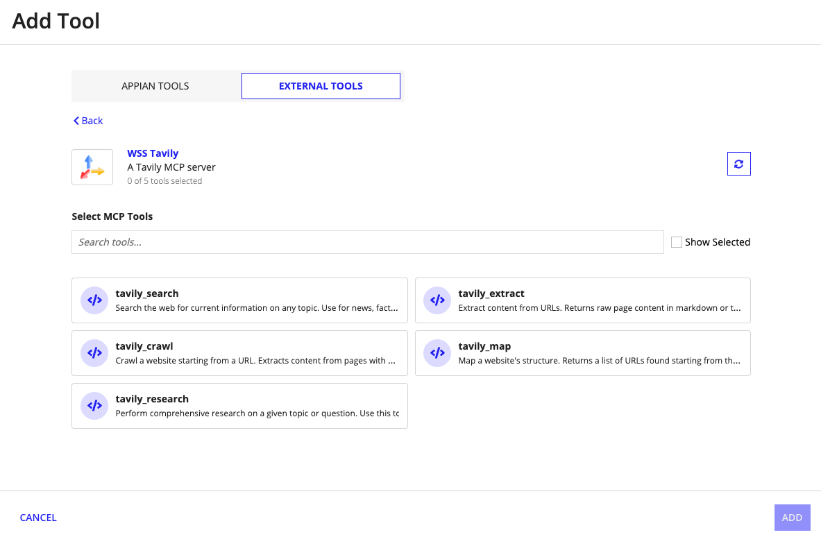 screenshot showing the MCP tool selection