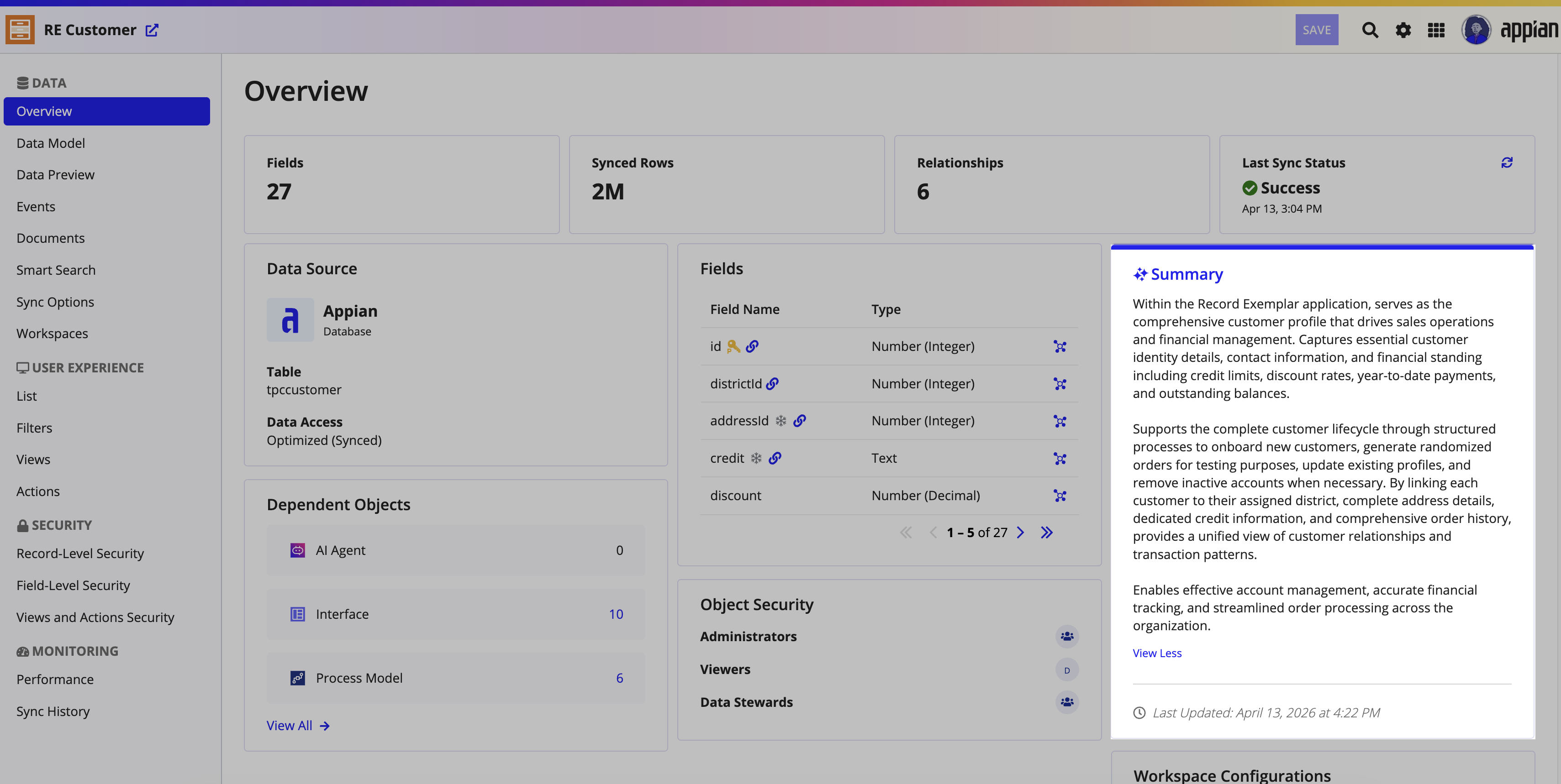 Image of an AI summary of a record type on the Overview page of the record type.