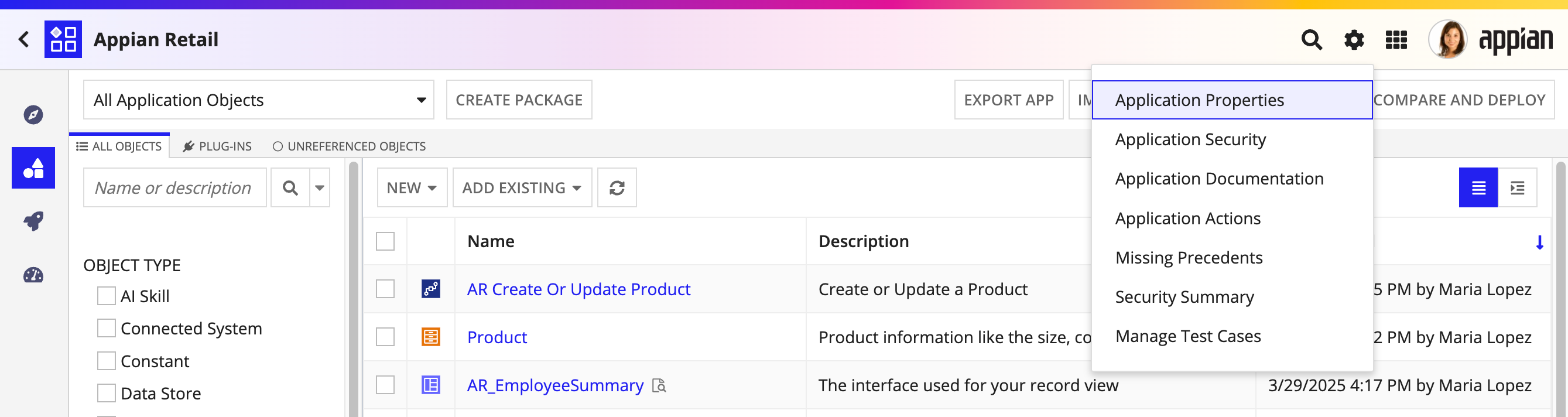 screenshot of the settings menu in the application header bar