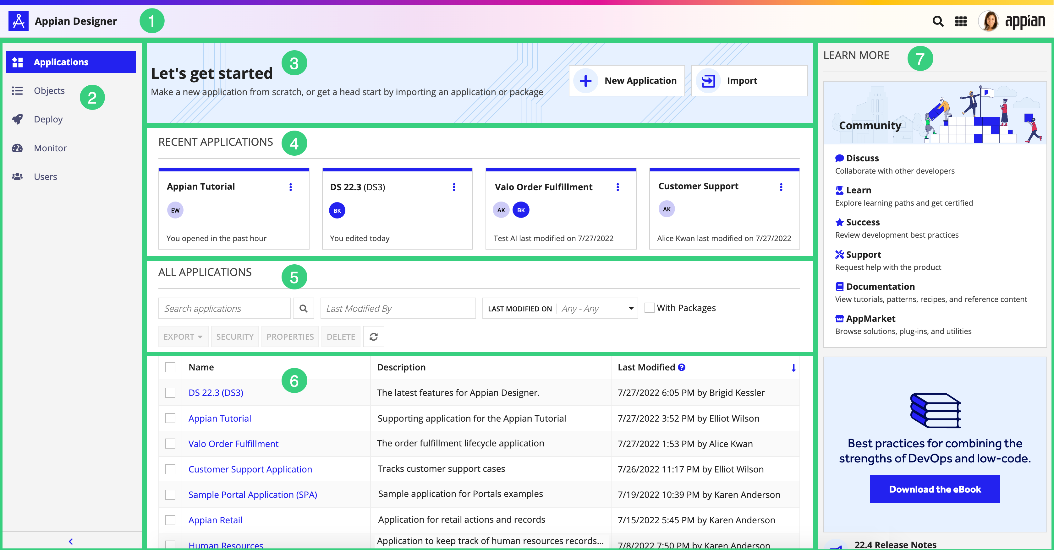 screenshot of Appian Designer applications list