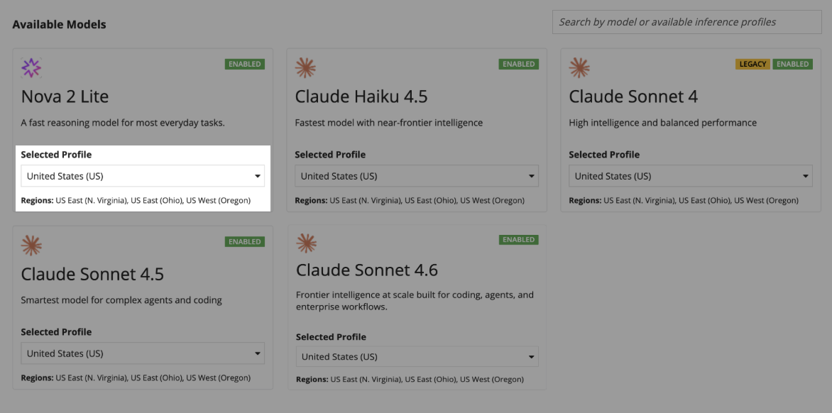 The AI Services screen showing model cards with inference profile selection and supported regions.