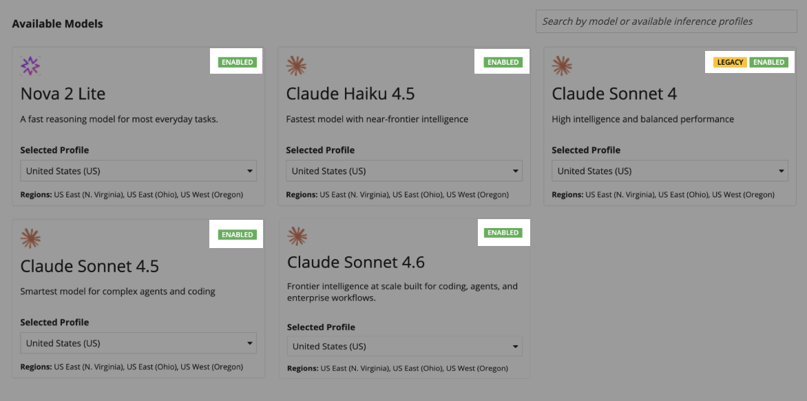 Model cards showing Enabled and Disabled status tags.