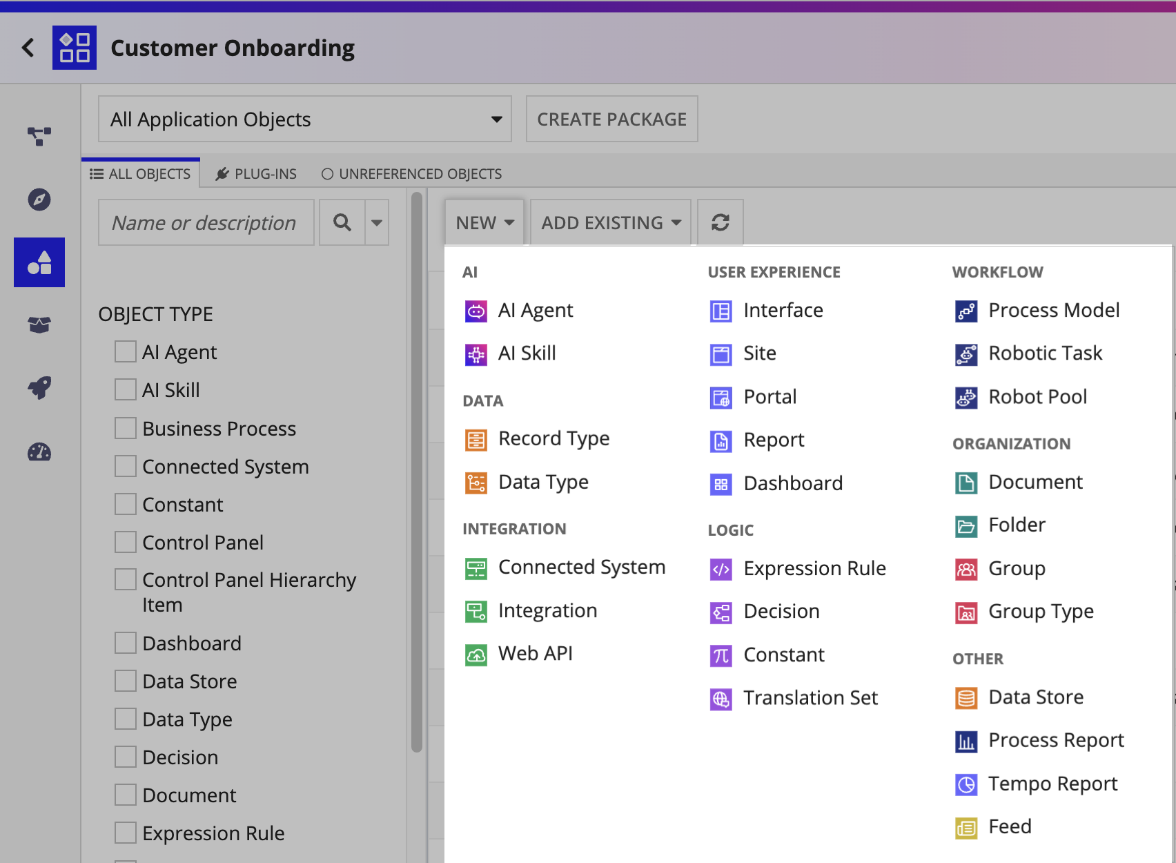 screenshot of the New menu in the Build view