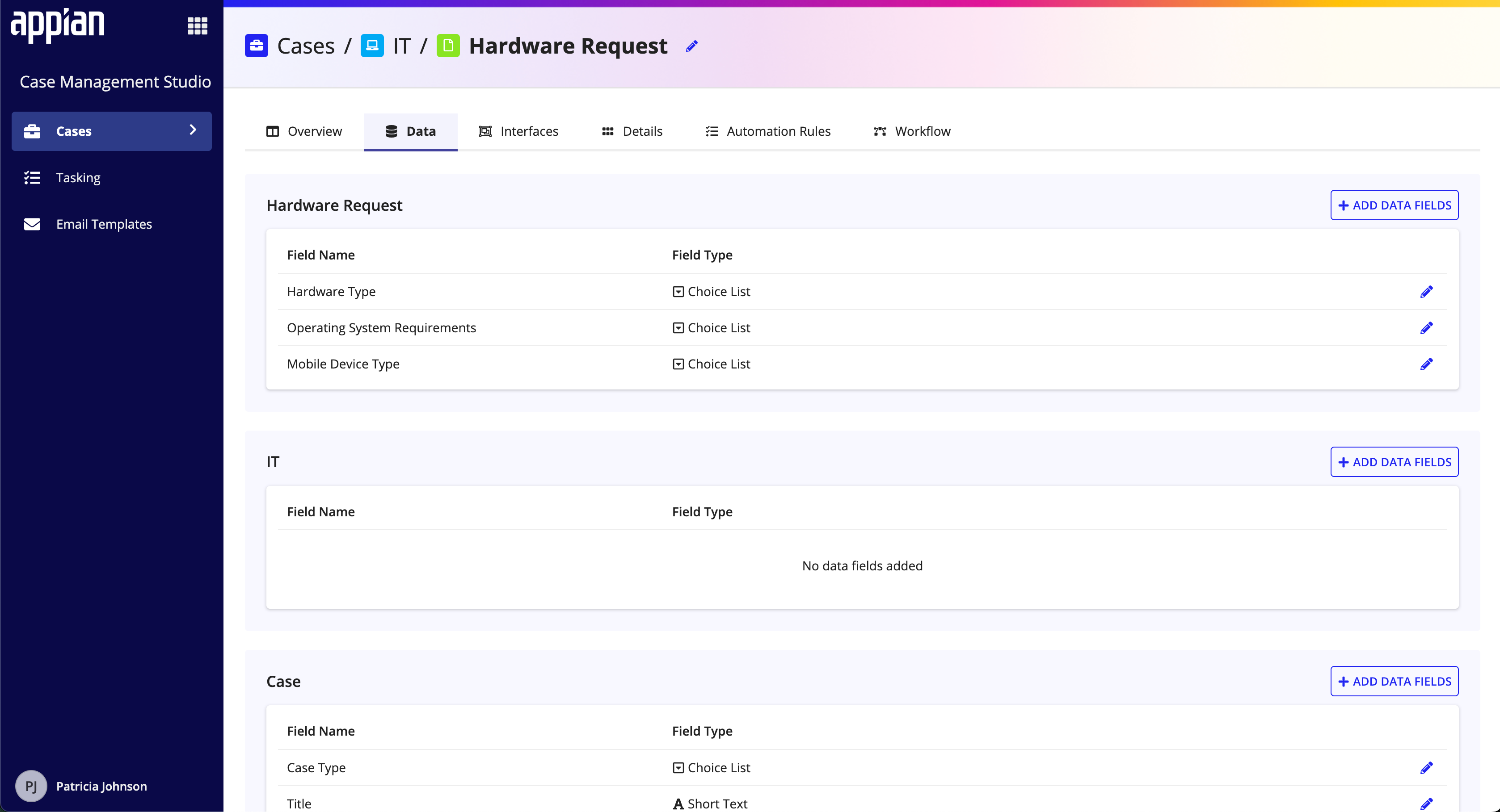 screenshot of the data page of the case type