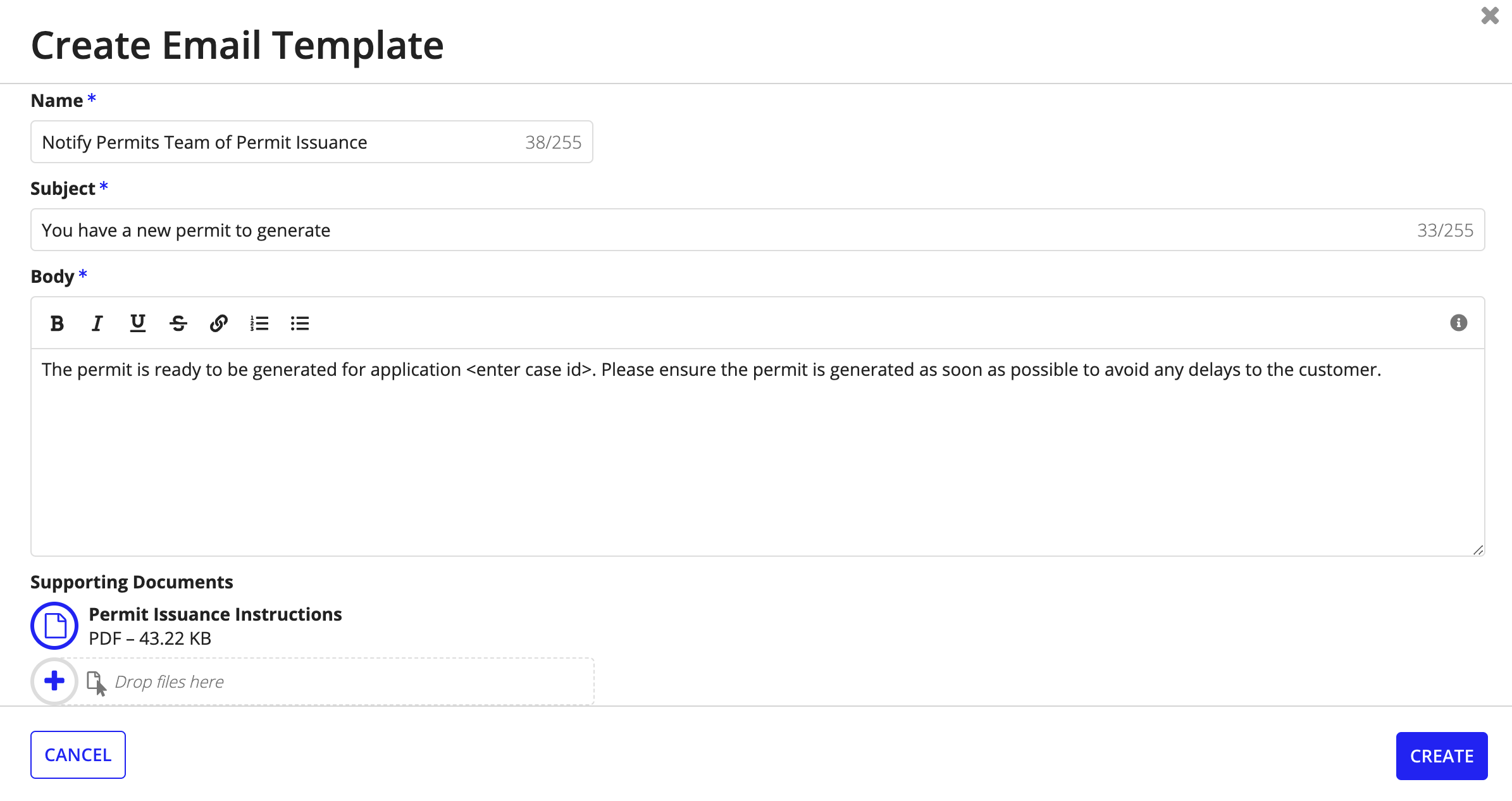 Screenshot of an email template for a generate permit email that has a place for the task assignee to put in the case ID and also provides an attachment with permit instructions.