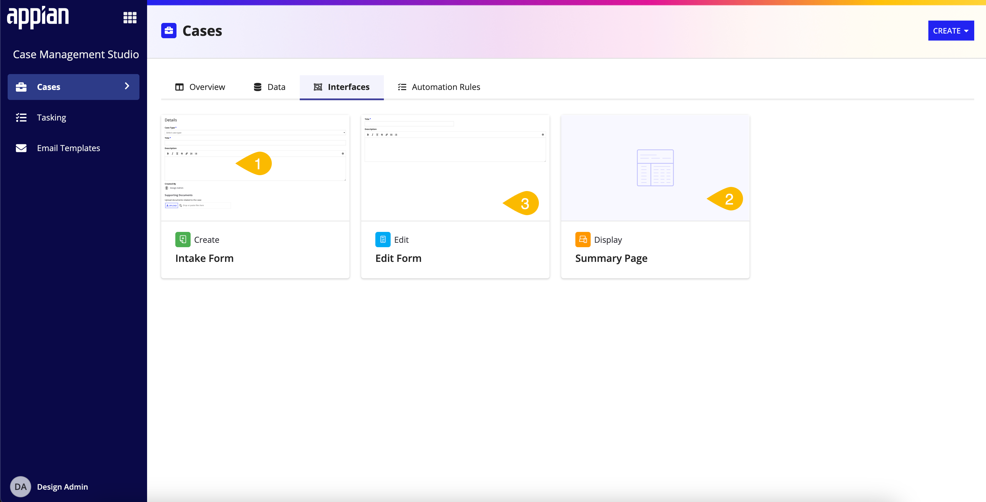 screenshot of the Interfaces tab on the Cases page in the Control Panel