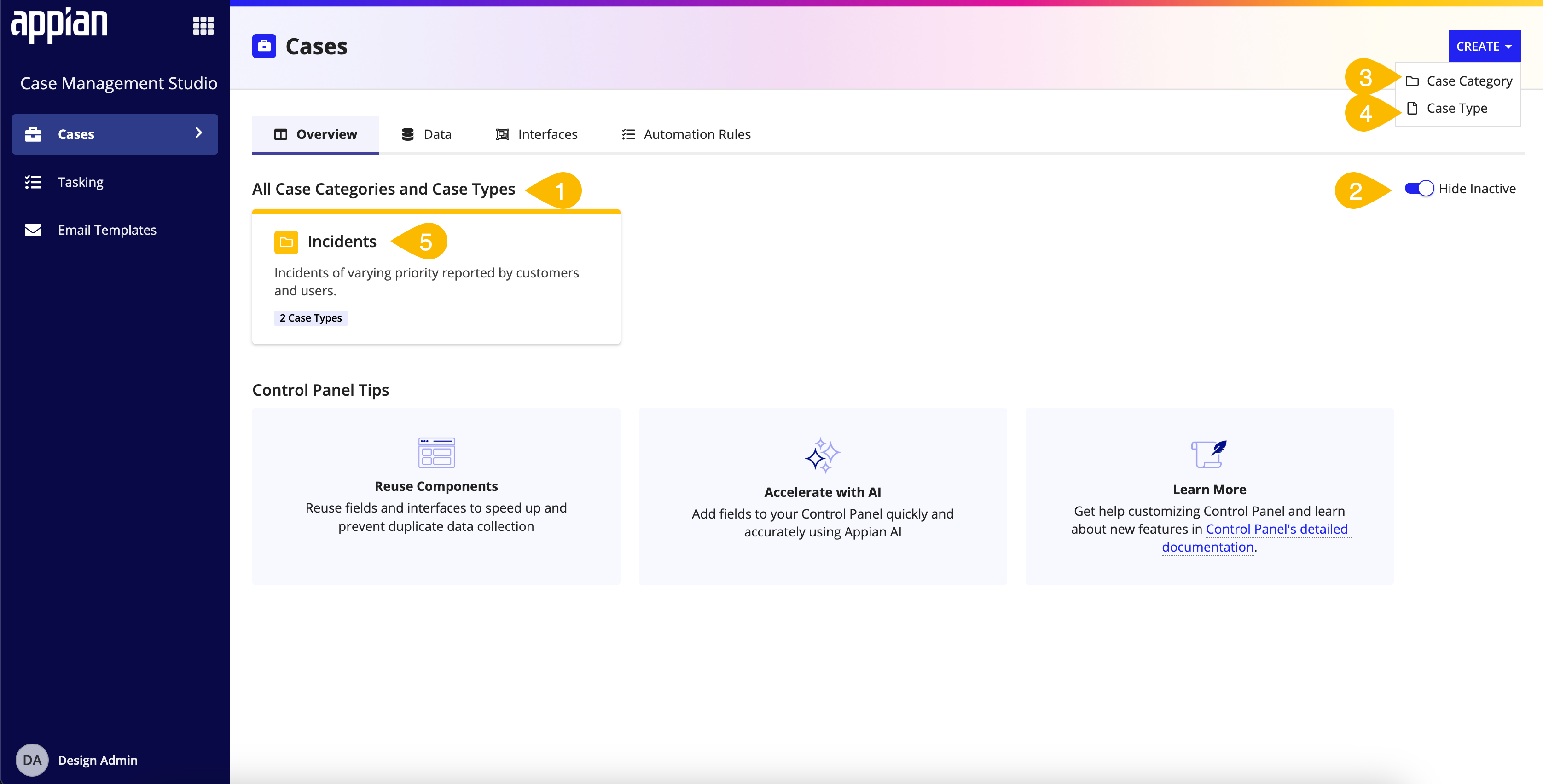 screenshot of the Overview tab on the Cases page in the Control Panel