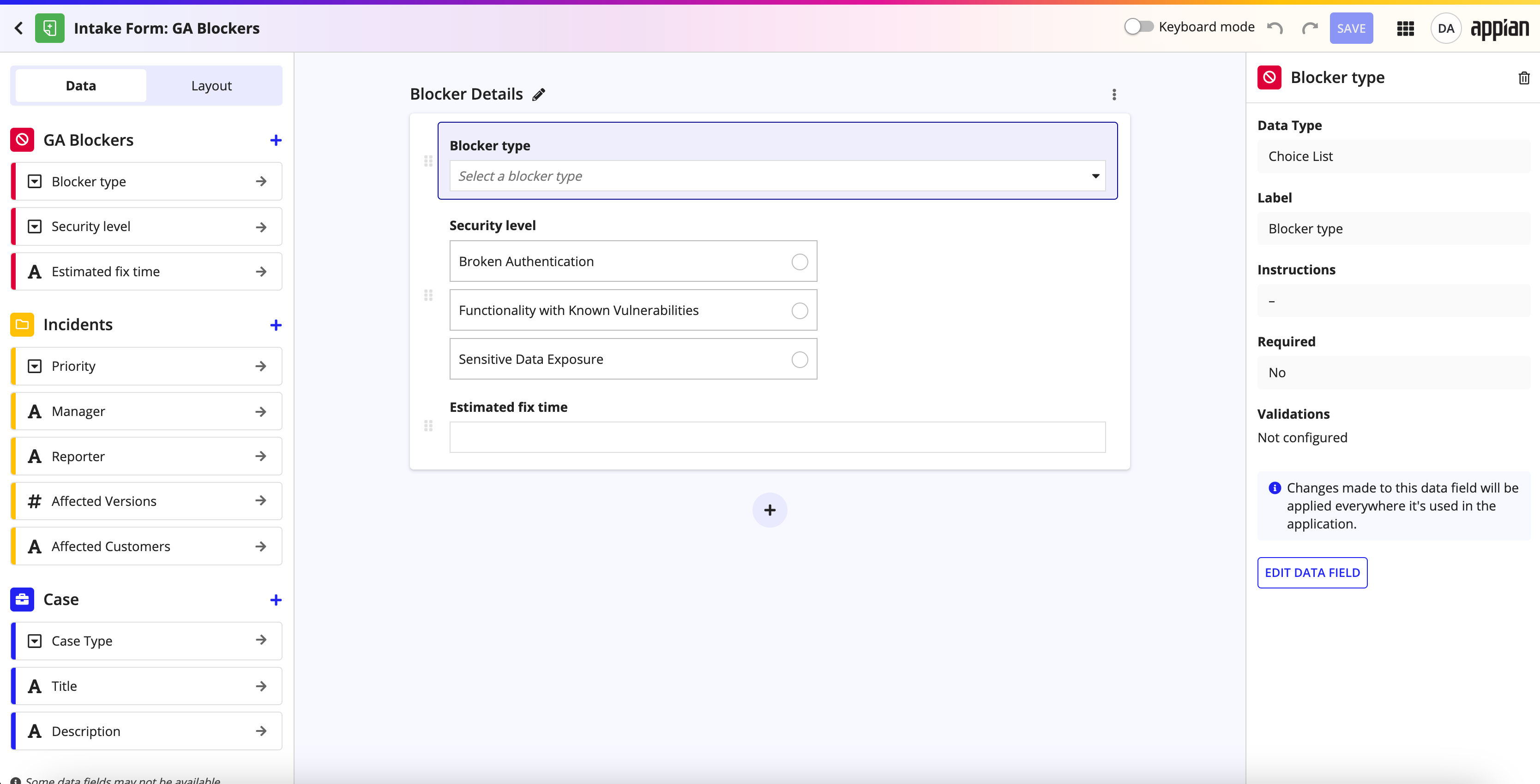 screenshot of an intake form in the form builder