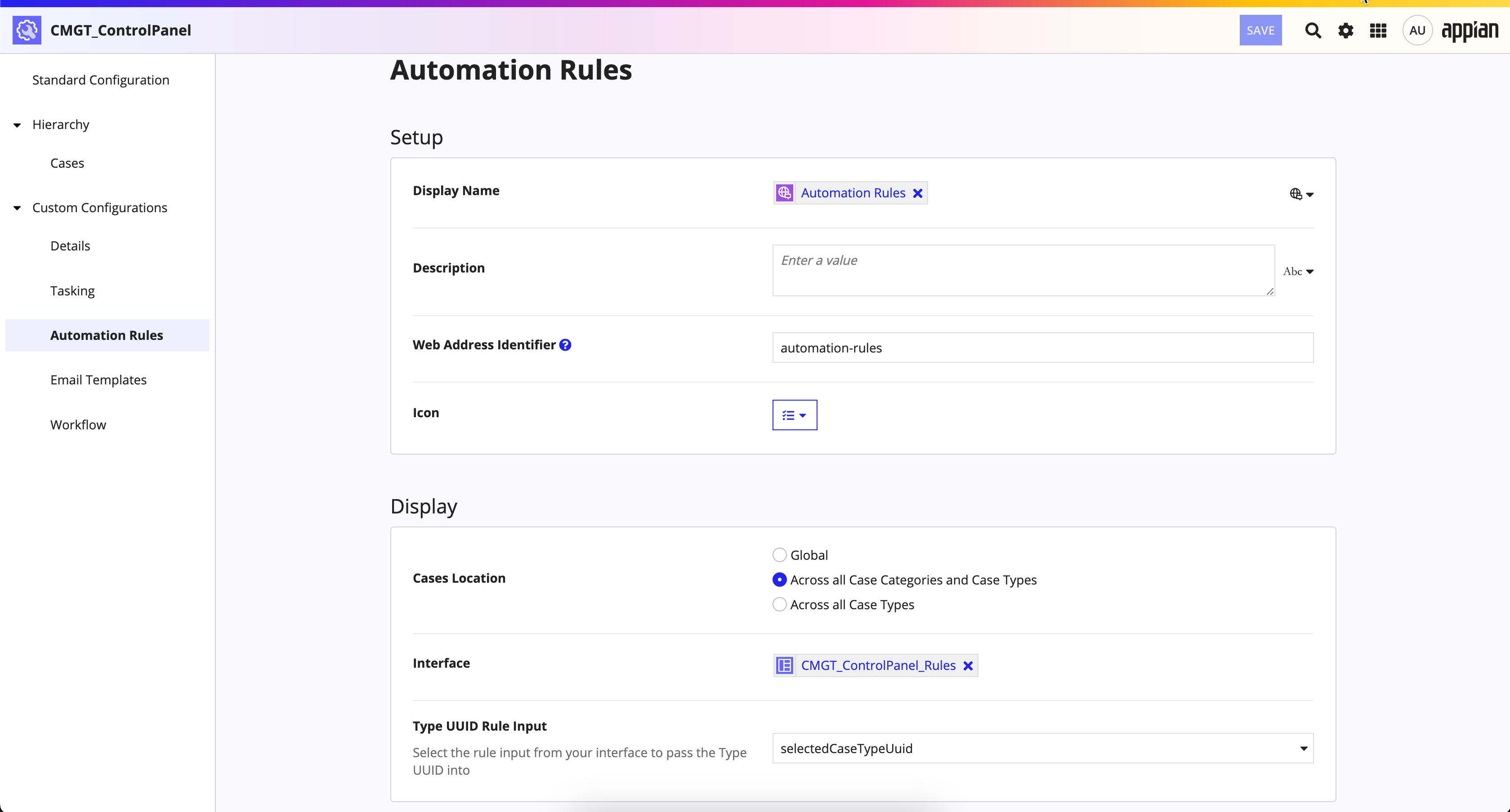 screenshot of the Automation Rules custom configurations page in the control panel object for CMS