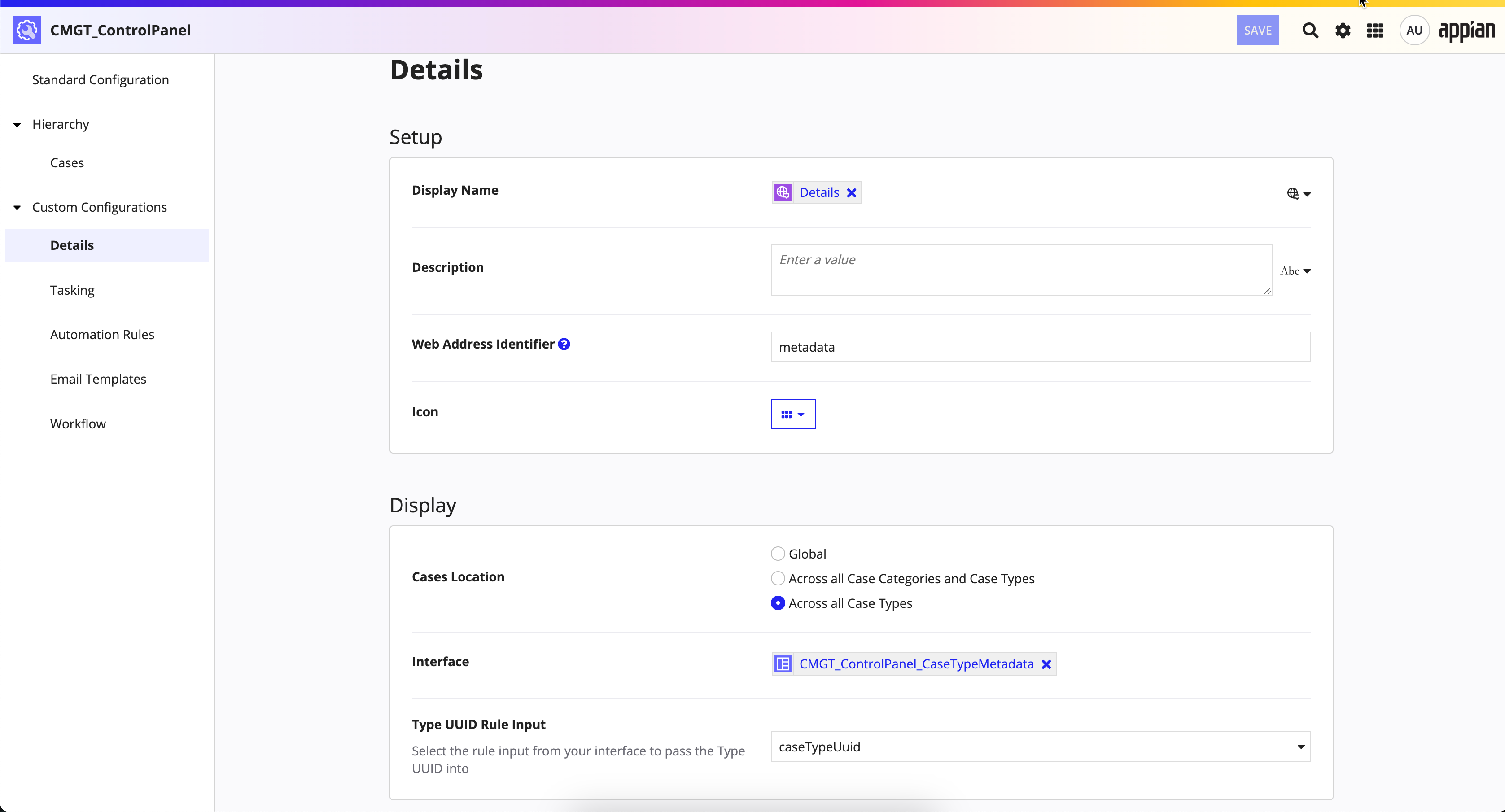 screenshot of the Details custom configurations page in the control panel object for CMS