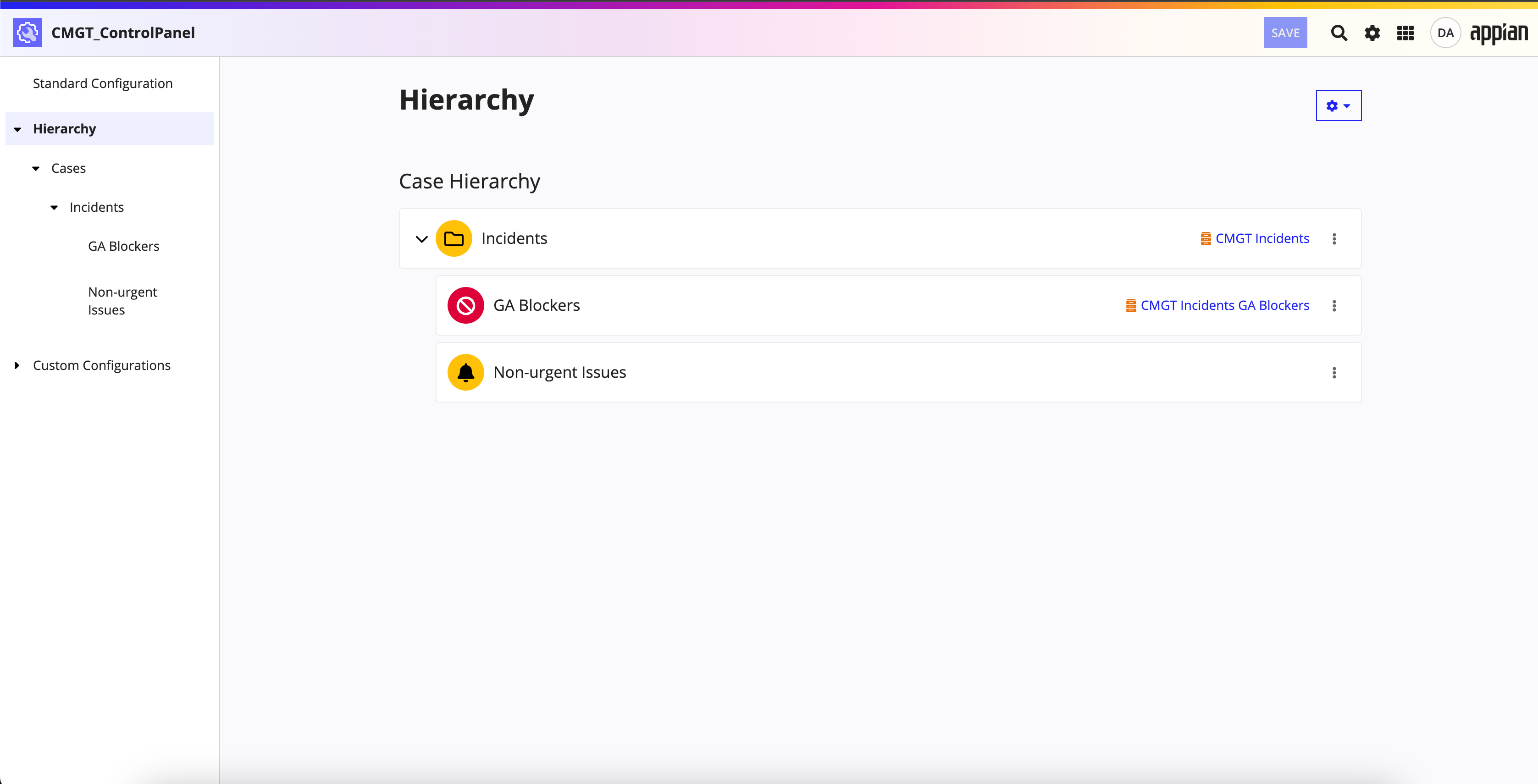 screenshot of example categories and types in the hierarchy page of the control panel object
