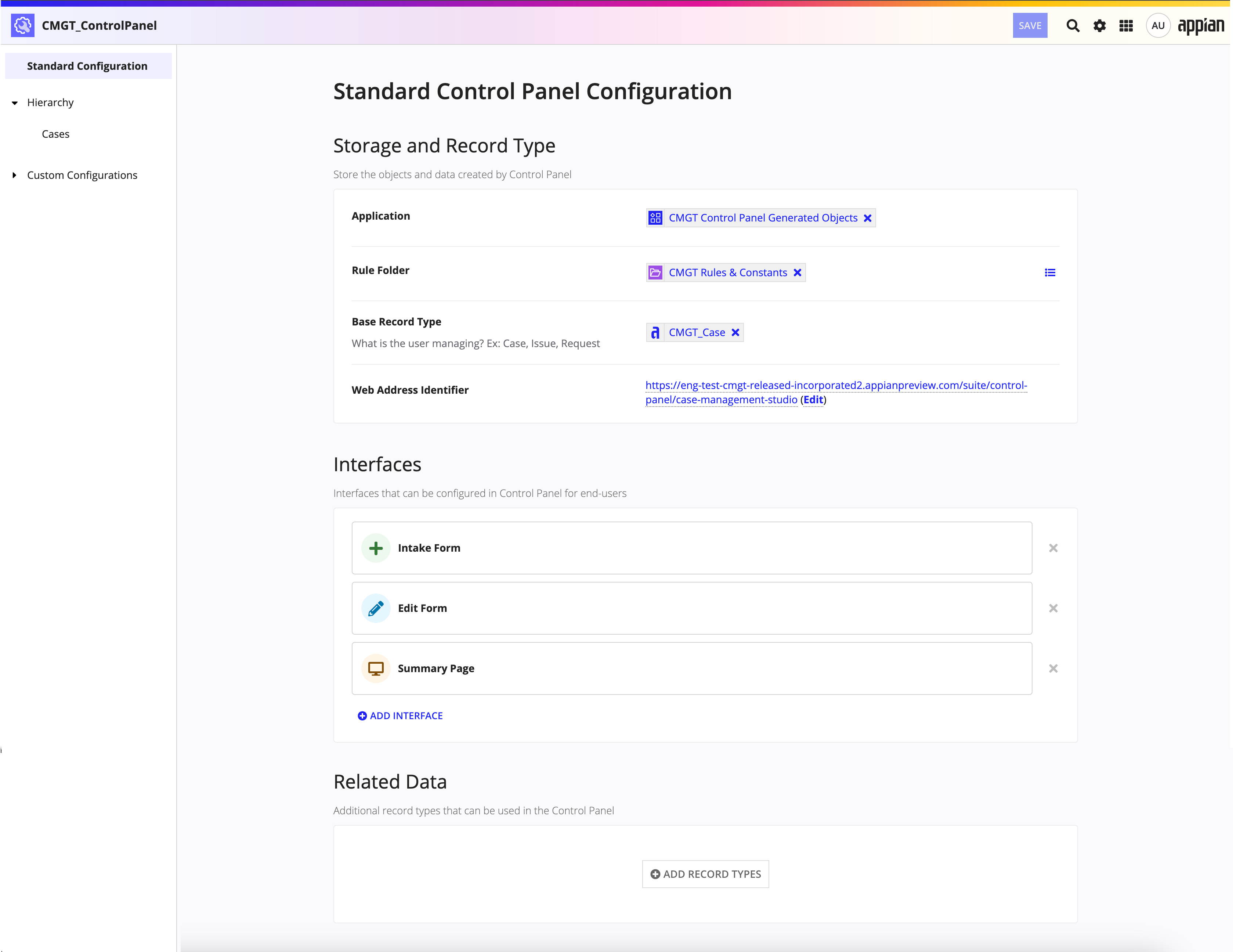 screenshot of the Standard Configurations page in the control panel object