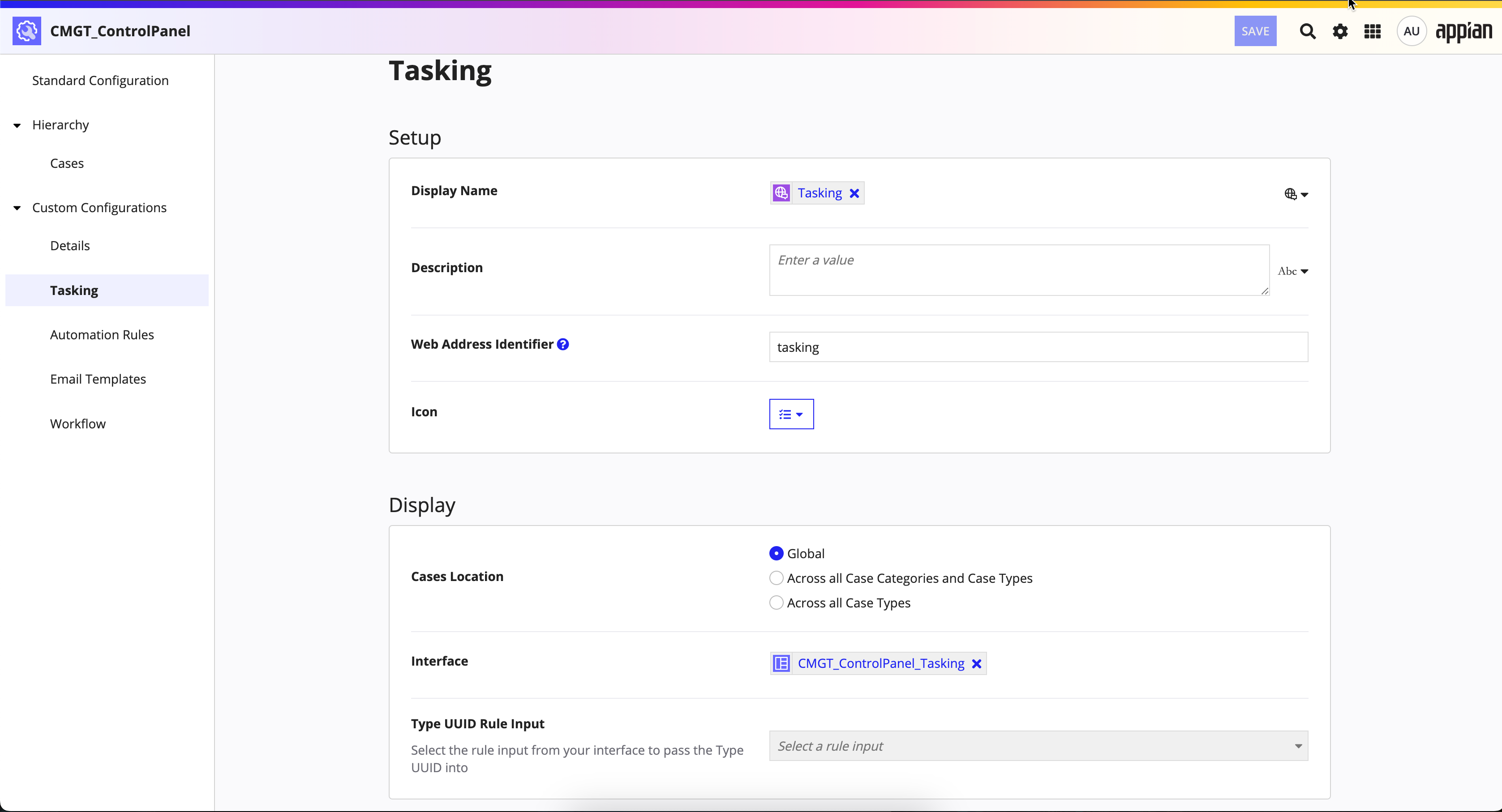 screenshot of the Tasking custom configurations page in the control panel object for CMS