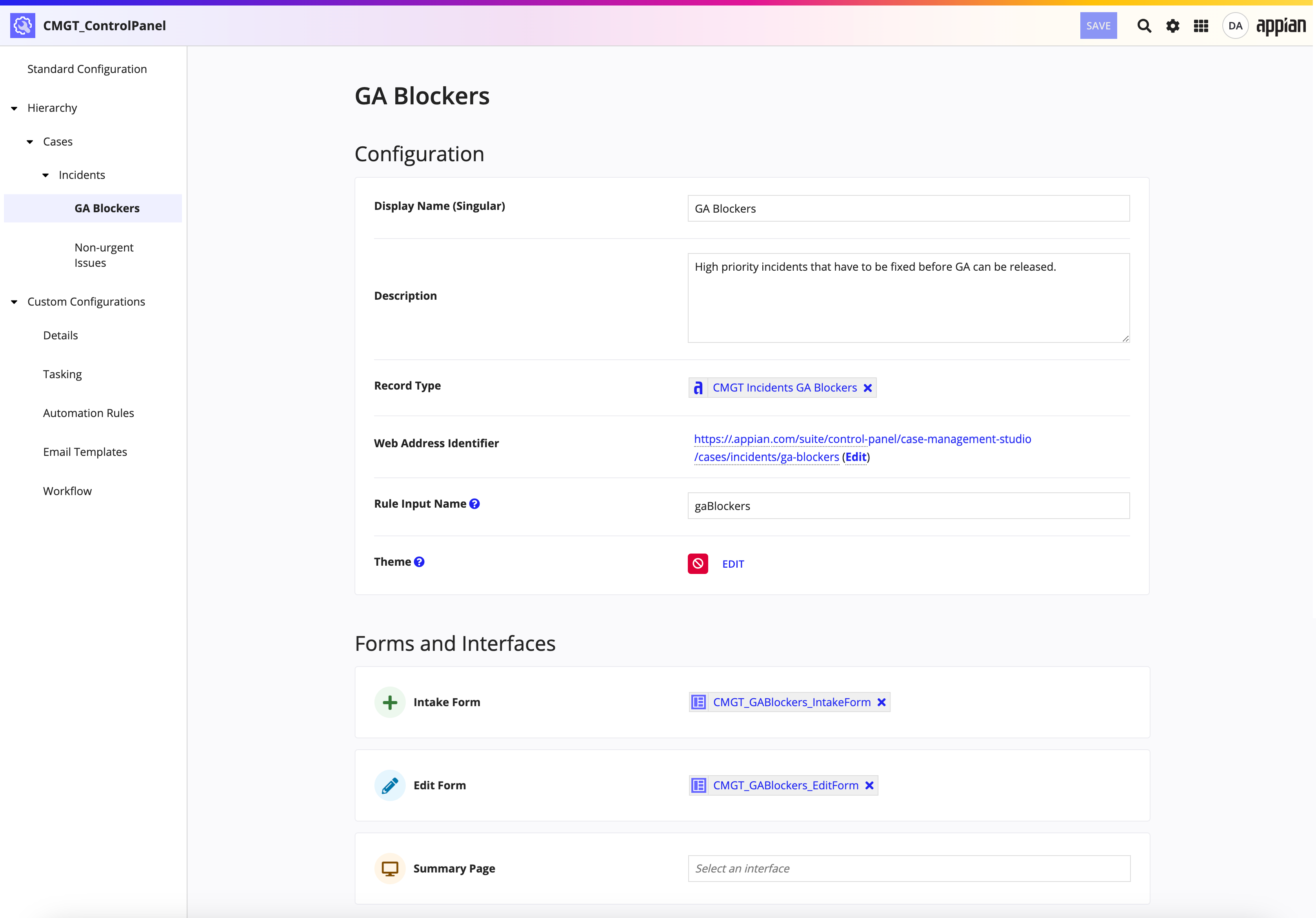 screenshot of a case type page in the control panel object for CMS