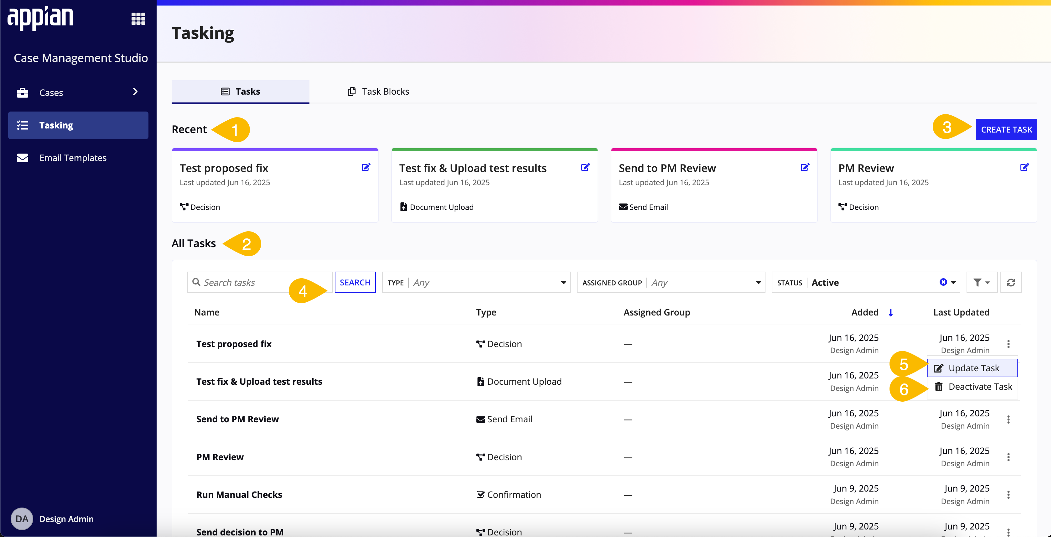 screenshot of the Tasks page in the Control Panel
