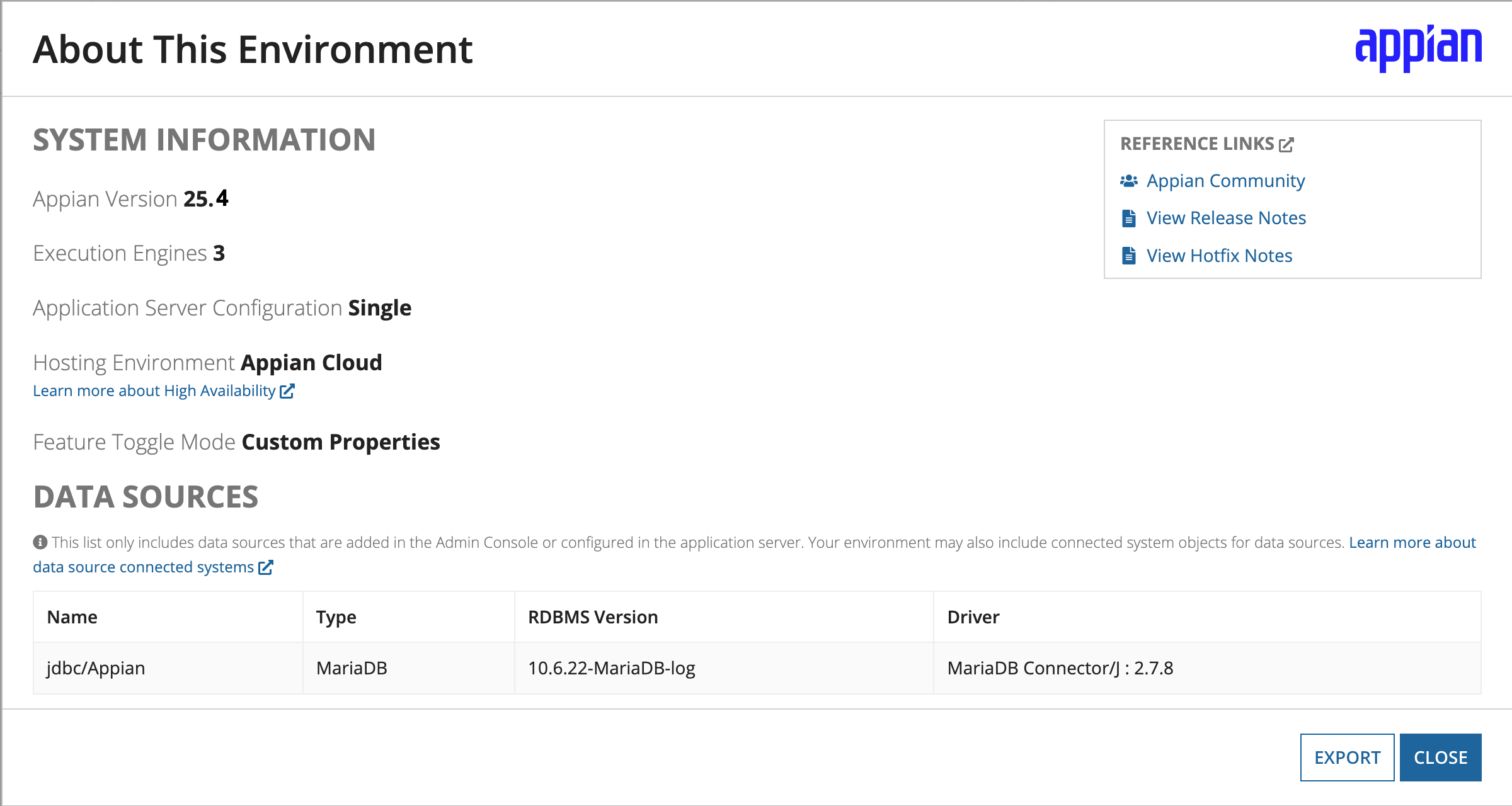 screenshot of the About Appian dialog