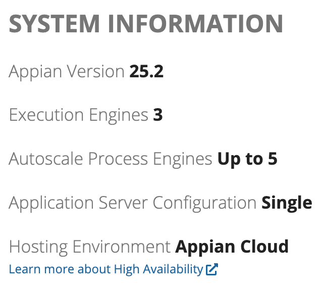 List of system information shown on the About This Environment dialog