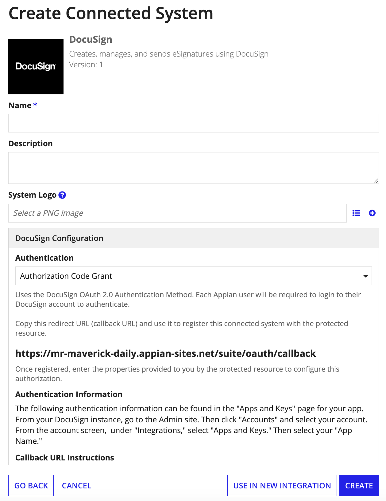 screenshot of the Authorization Code authentication method selected in a DocuSign connected system object