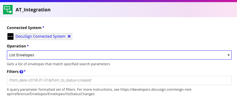 screenshot of the List Envelopes operation selected in a DocuSign integration object