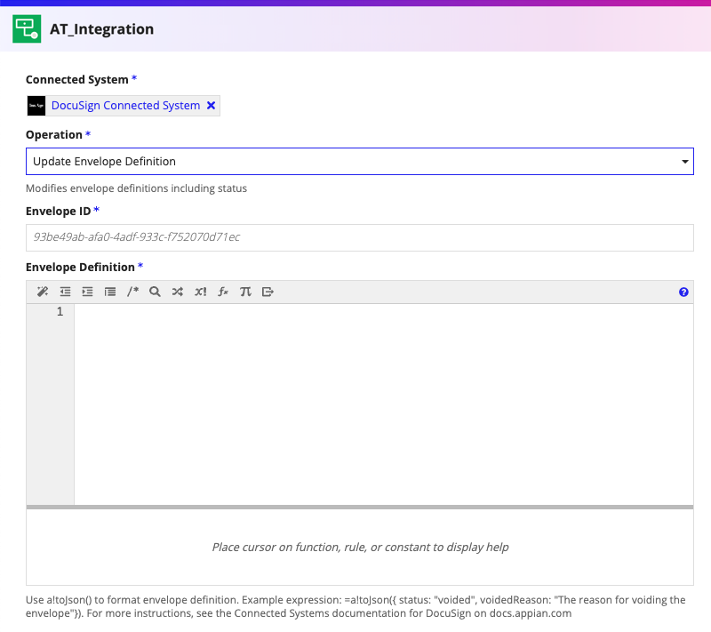 screenshot of the Update Envelope Definition operation selected in a DocuSign integration object