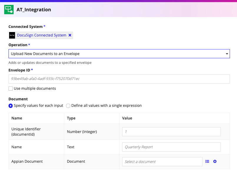 screenshot of the Upload New Documents to an Envelope operation selected in a DocuSign integration object