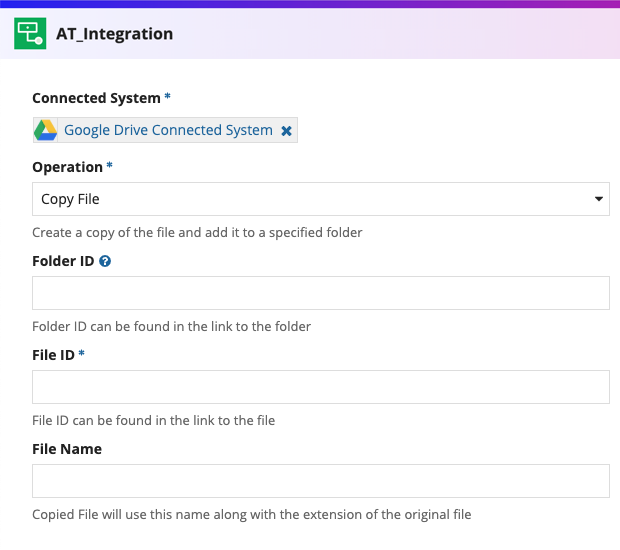 screenshot of a Copy File operation selected in an integration object