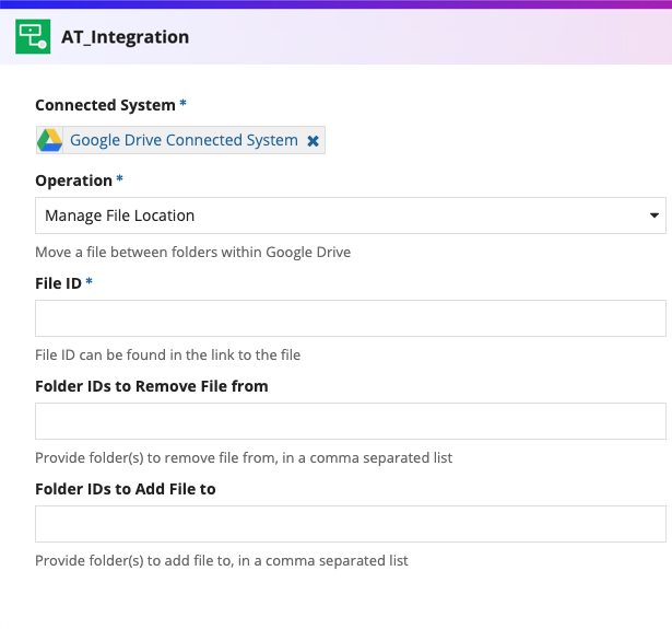 screenshot of a Manage File Location operation selected in an integration object