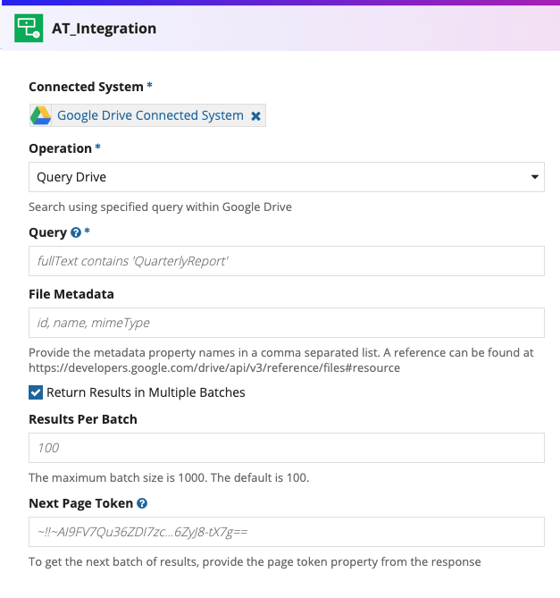 screenshot of a Query Drive operation selected in an integration object