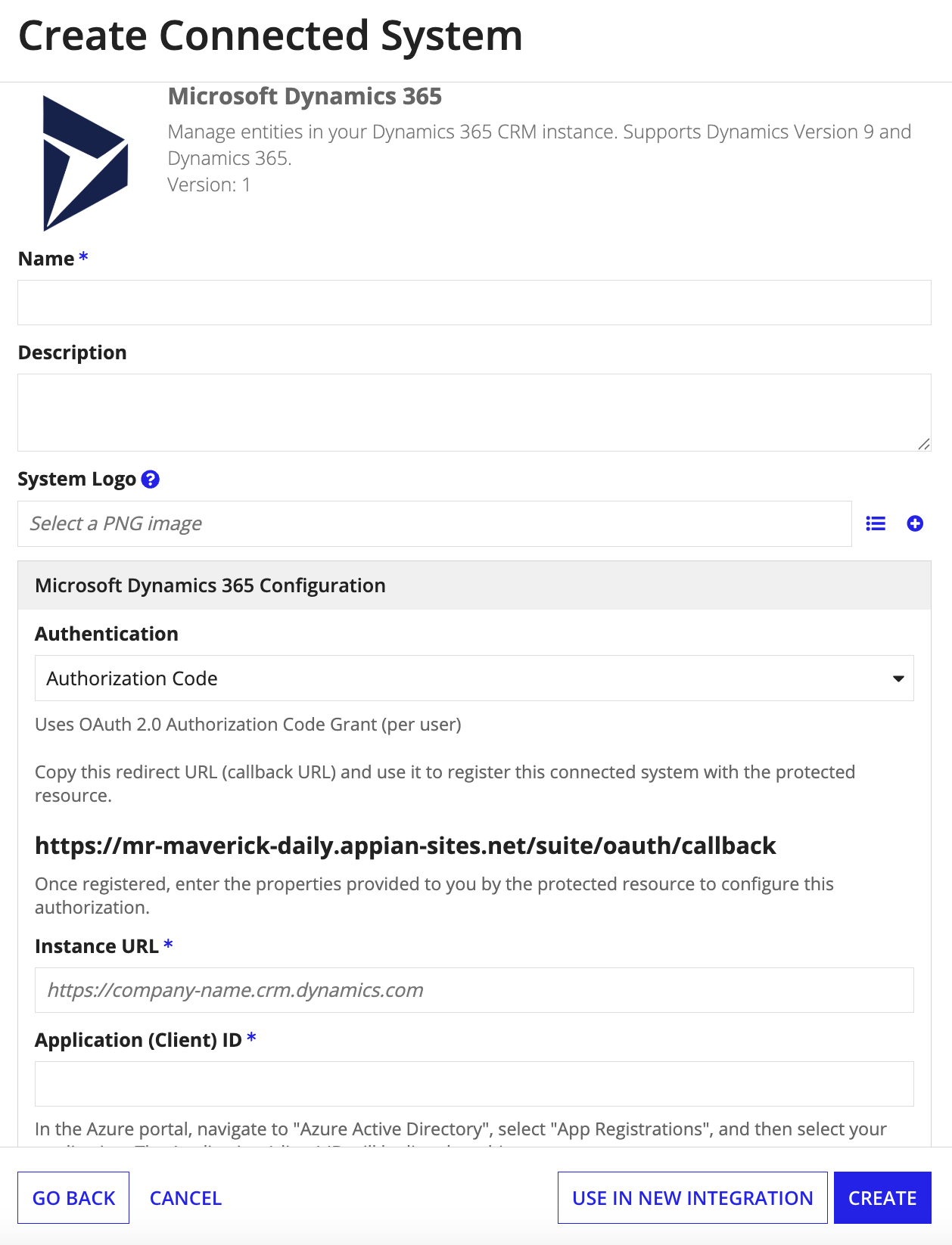 screenshot of the Authorization Code method of authentication selected in a Microsoft Dynamics 365 connected system object