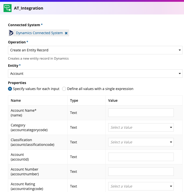 screenshot of the Create an Entity Record operation selected in a Microsoft Dynamics 365 integration object