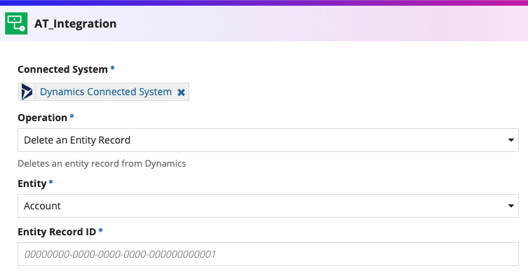 screenshot of the Delete an Entity Record operation selected in a Microsoft Dynamics 365 integration object