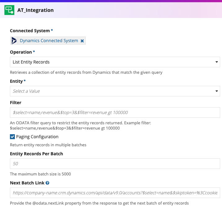 screenshot of the List Entity Records operation selected in a Microsoft Dynamics 365 integration object