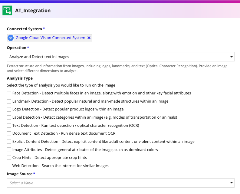 screenshot of Analyze and Detect text in images operation selected in an integration object