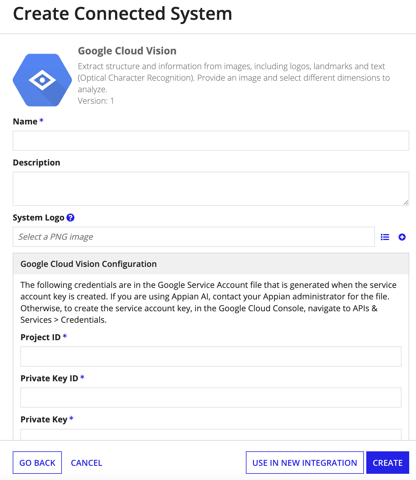 screenshot of a Google Cloud Vision connected system object