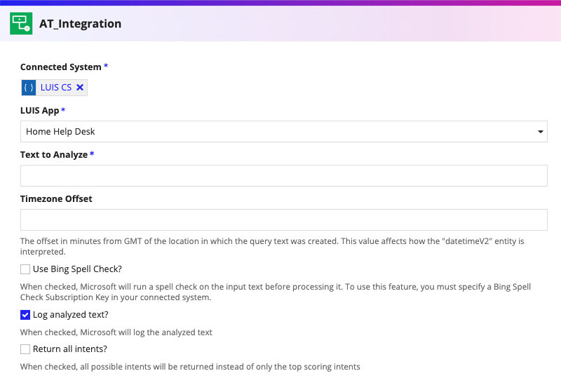 screenshot of the LUIS integration object